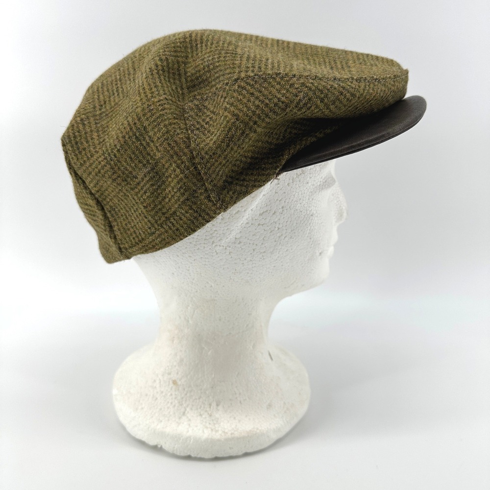Orvis 100% Wool‎ Olive Check Tweed Flat Cap Shooting Hat Leather Bill Size S/M